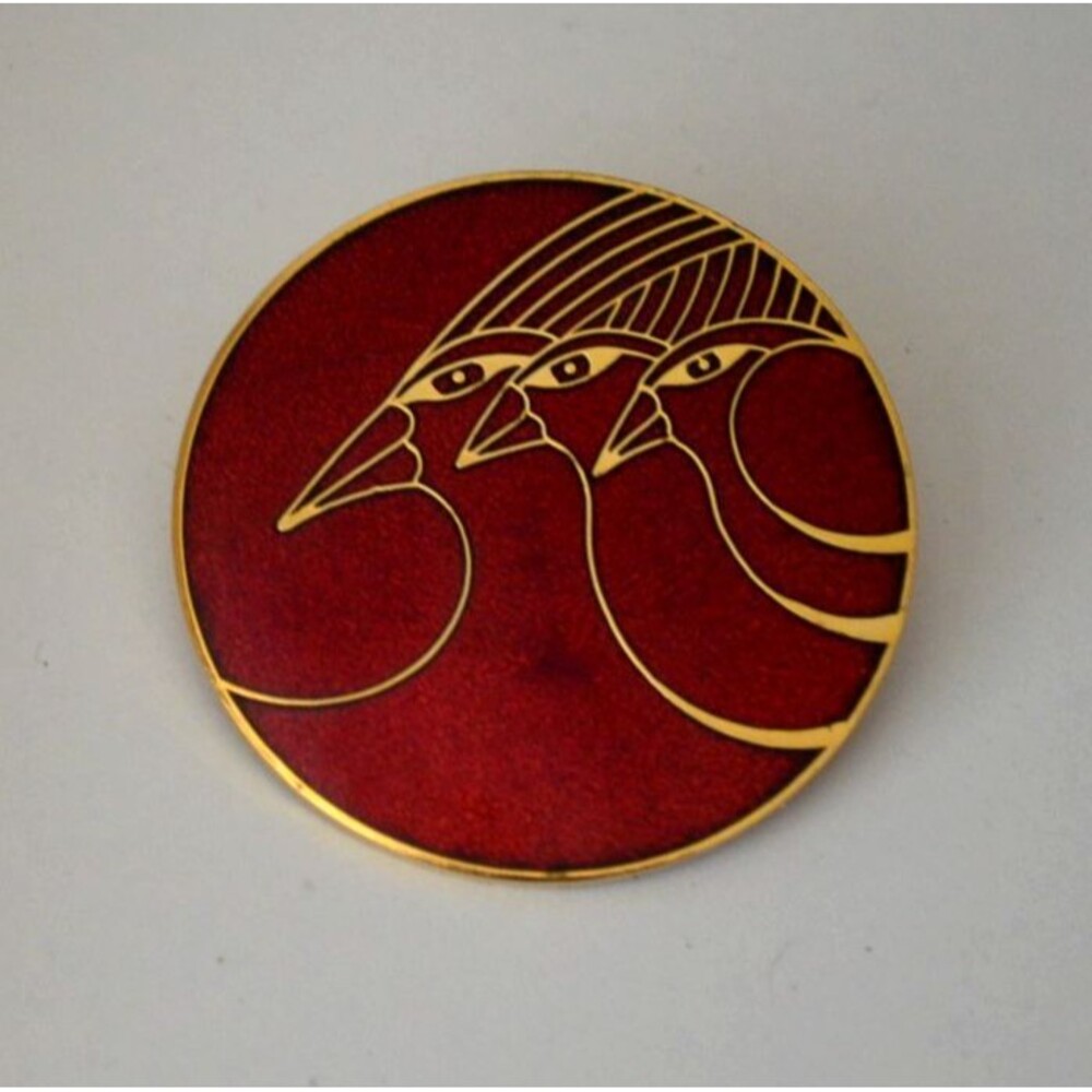 VTG Laurel Burch CELESTIAL BIRDS Bird Brooch Pin Gold Tone Red Enamel Signed